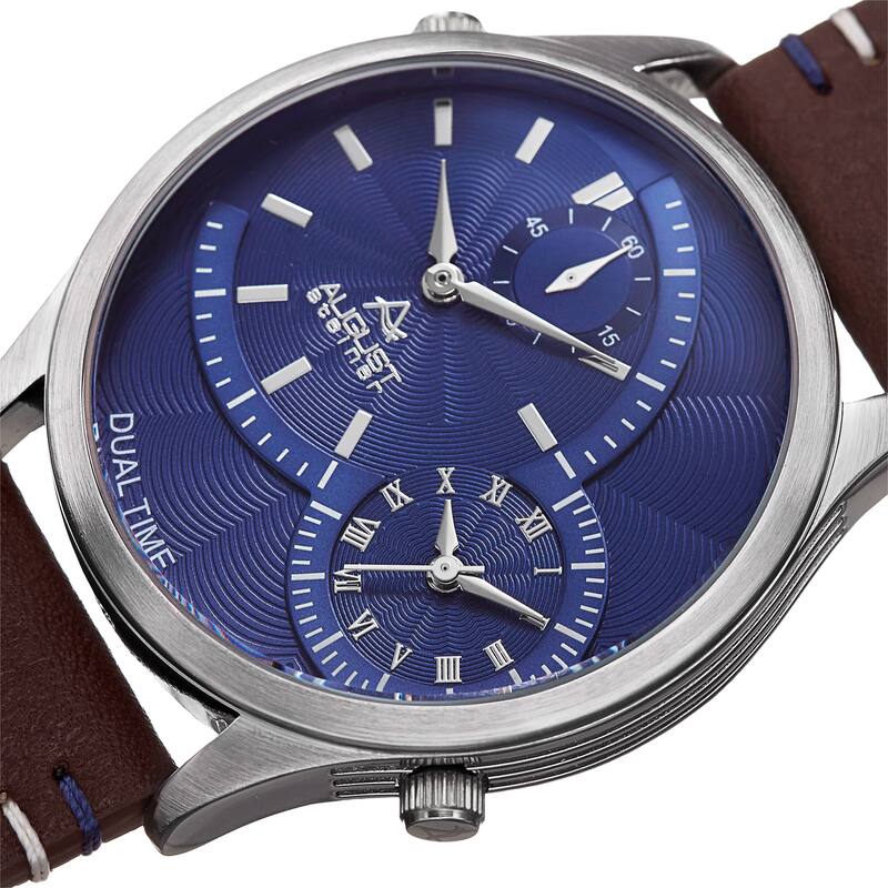 August Steiner Men's Quartz Dual-Time Leather Blue Strap Watch