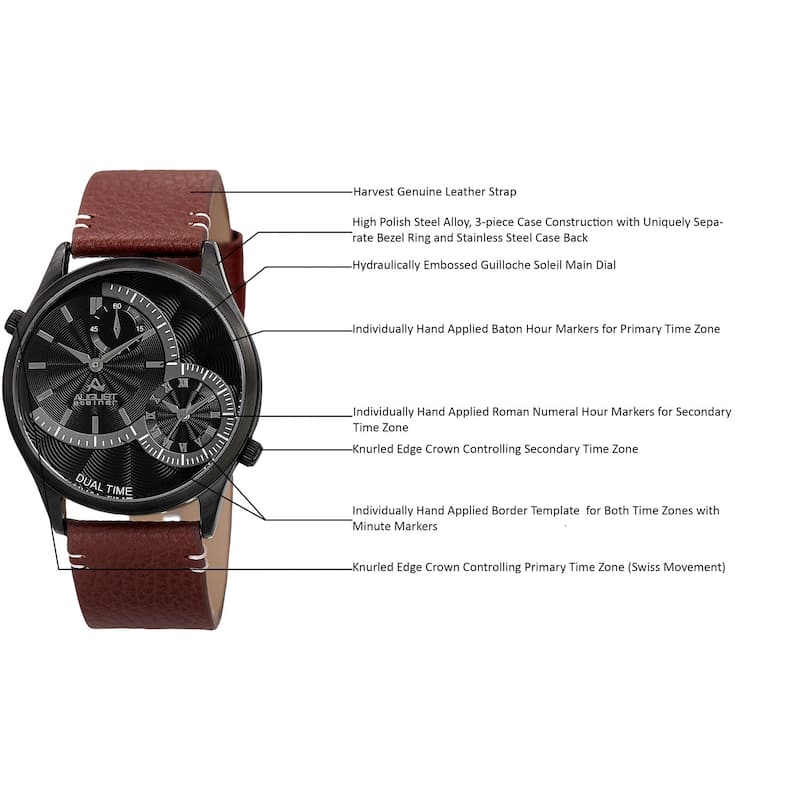 August Steiner Men's Quartz Dual-Time Leather Black Strap Watch