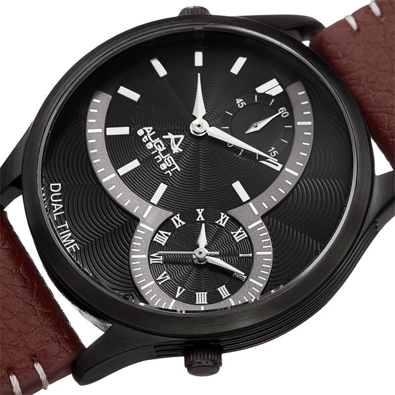 August Steiner Men's Quartz Dual-Time Leather Black Strap Watch