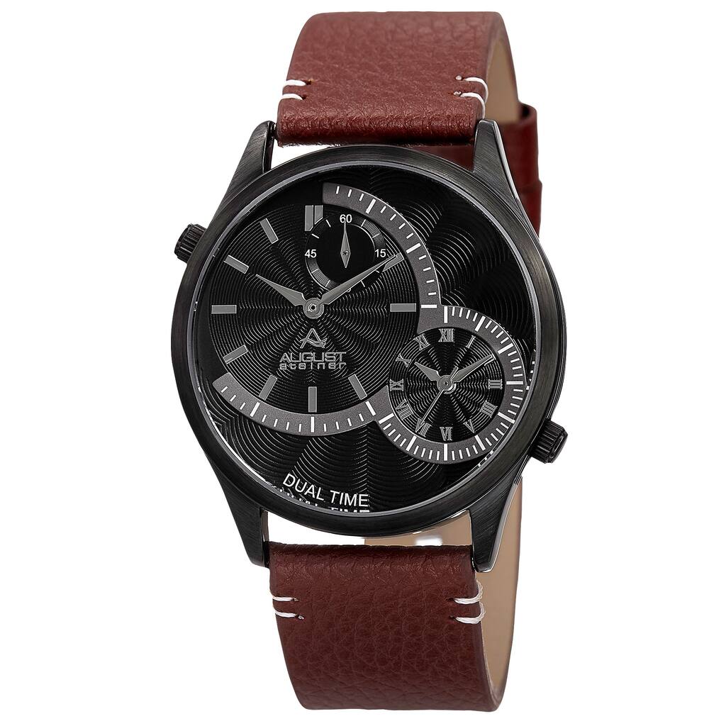 August Steiner Men's Quartz Dual-Time Leather Black Strap Watch