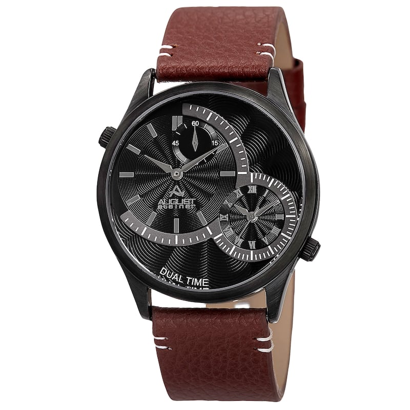 August Steiner Men's Quartz Dual-Time Leather Black Strap Watch
