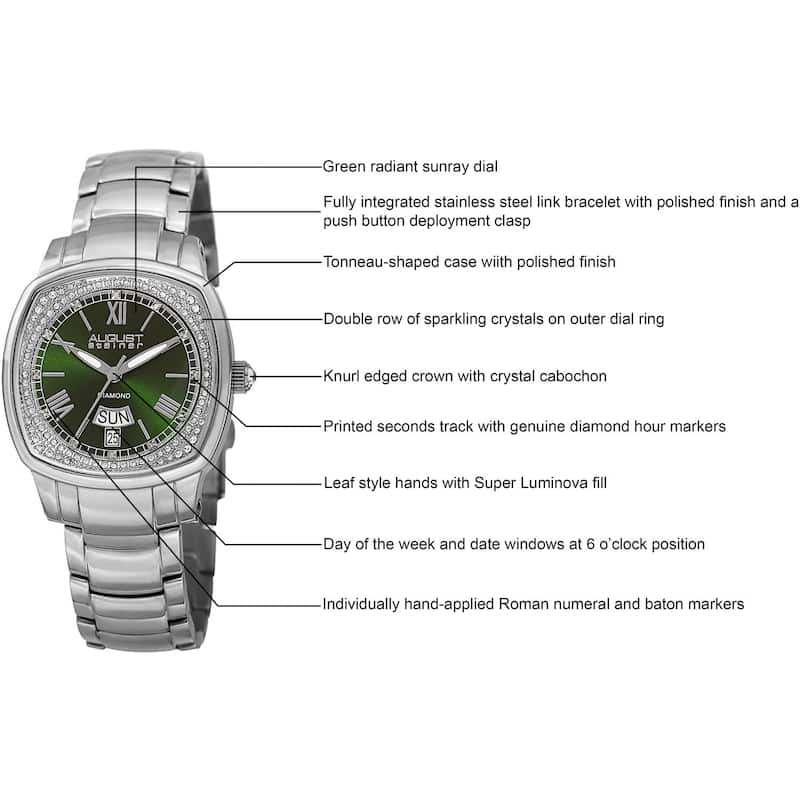 August Steiner Women's Swiss Quartz Diamonds Stainless Steel Green Bracelet Watch