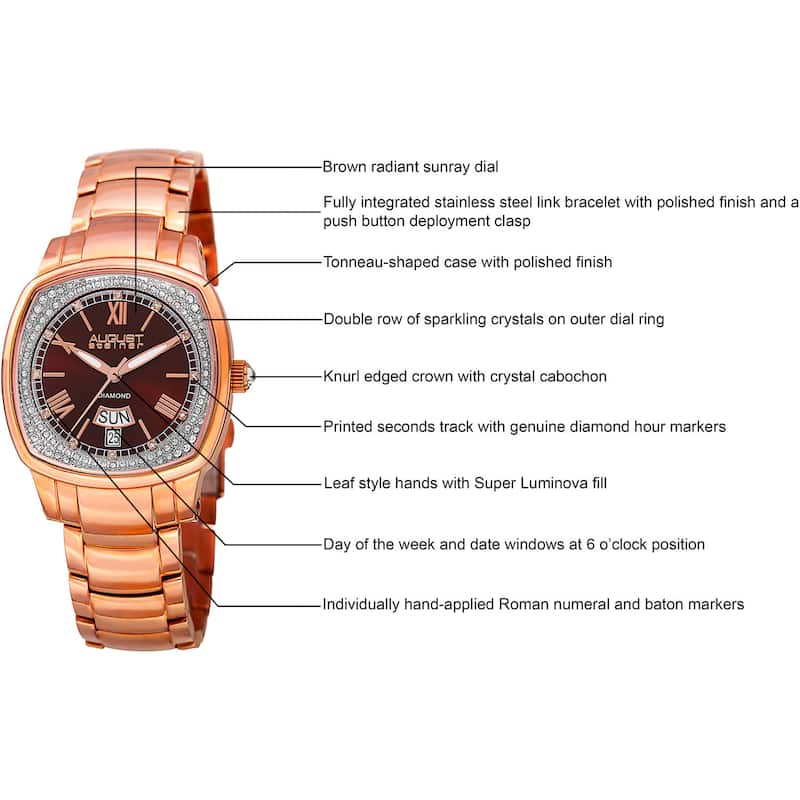 August Steiner Women's Swiss Quartz Diamonds Stainless Steel Rose-Tone Bracelet Watch - brown
