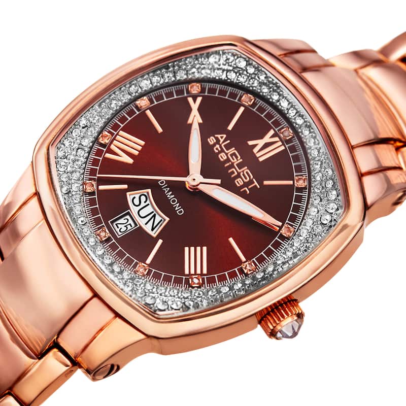 August Steiner Women's Swiss Quartz Diamonds Stainless Steel Rose-Tone Bracelet Watch - brown