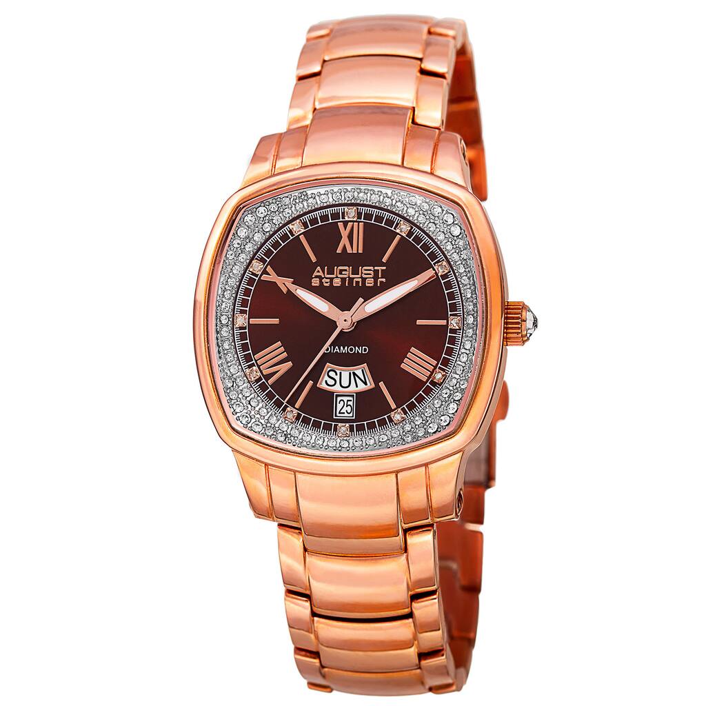 August Steiner Women's Swiss Quartz Diamonds Stainless Steel Rose-Tone Bracelet Watch - brown