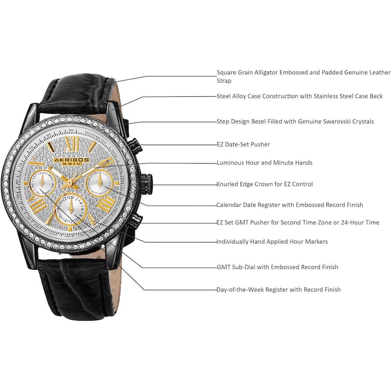 Akribos XXIV Women's Swiss Quartz Multifunction Leather Black Strap Watch