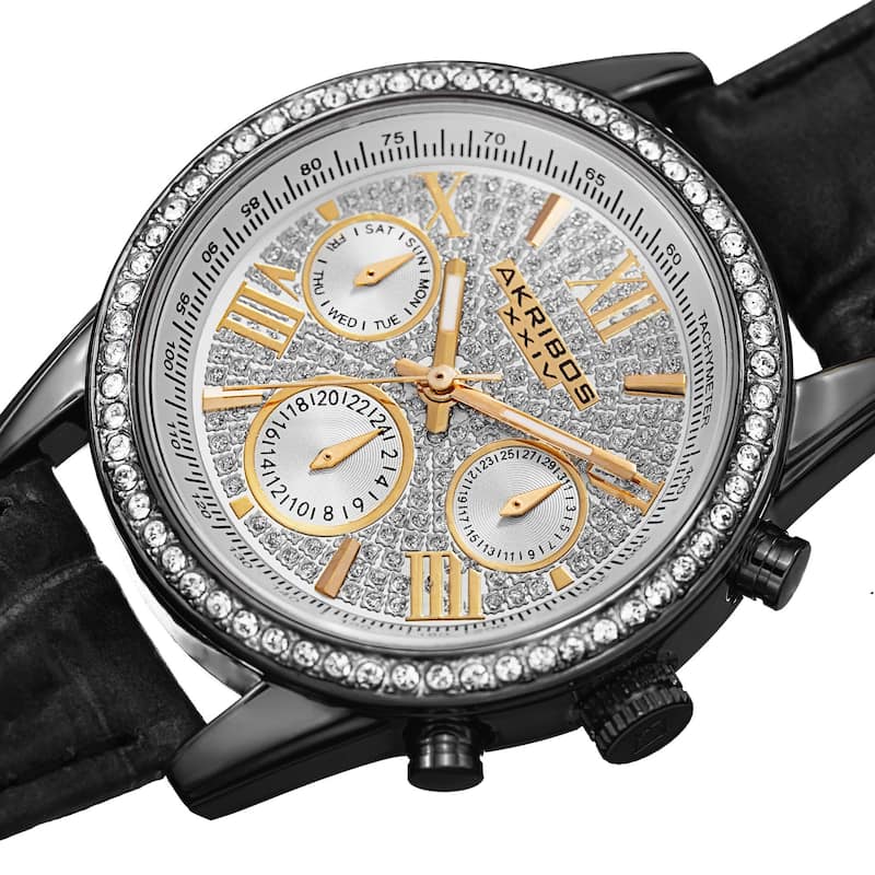 Akribos XXIV Women's Swiss Quartz Multifunction Leather Black Strap Watch