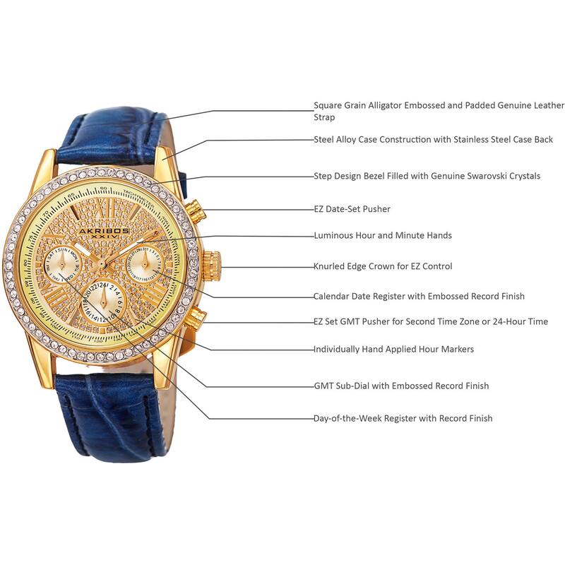 Akribos XXIV Women's Swiss Quartz Multifunction Leather Blue Strap Watch