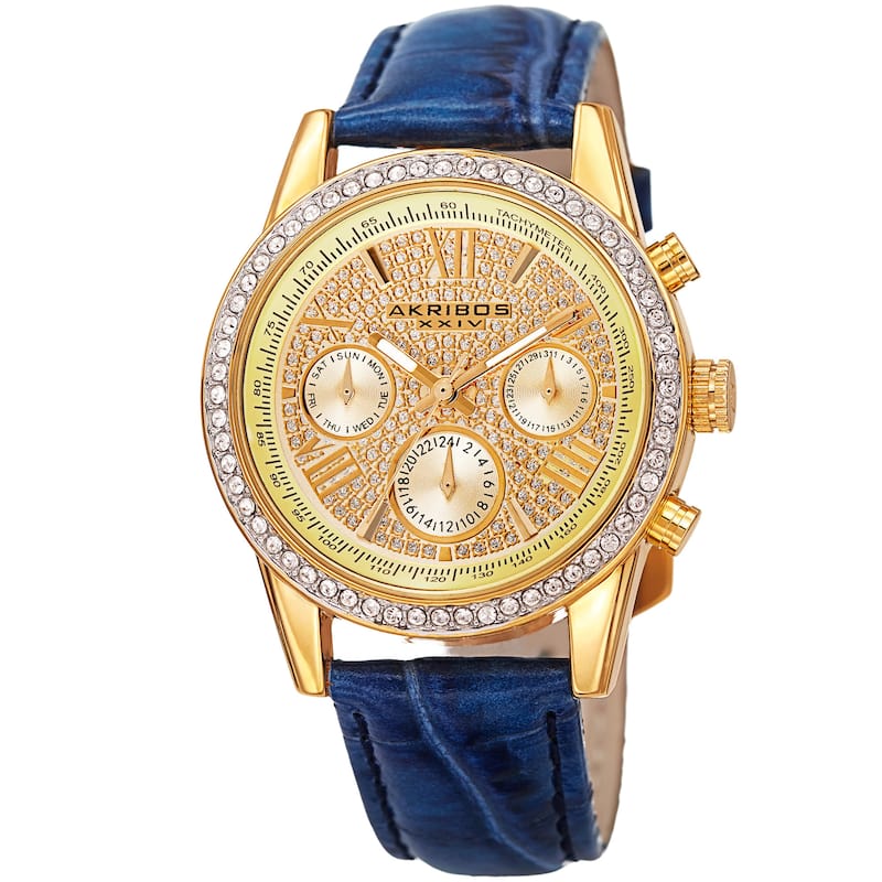 Akribos XXIV Women's Swiss Quartz Multifunction Leather Blue Strap Watch