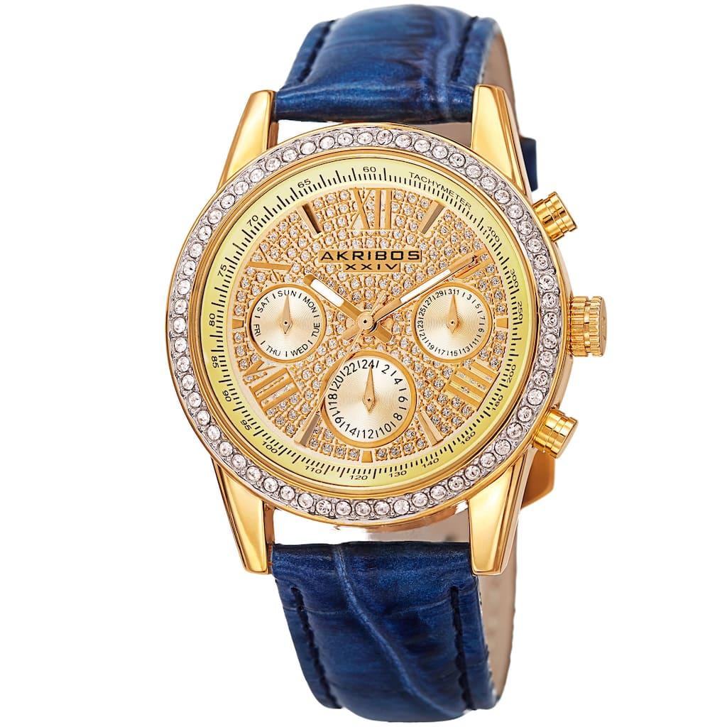 Akribos XXIV Women's Swiss Quartz Multifunction Leather Blue Strap Watch