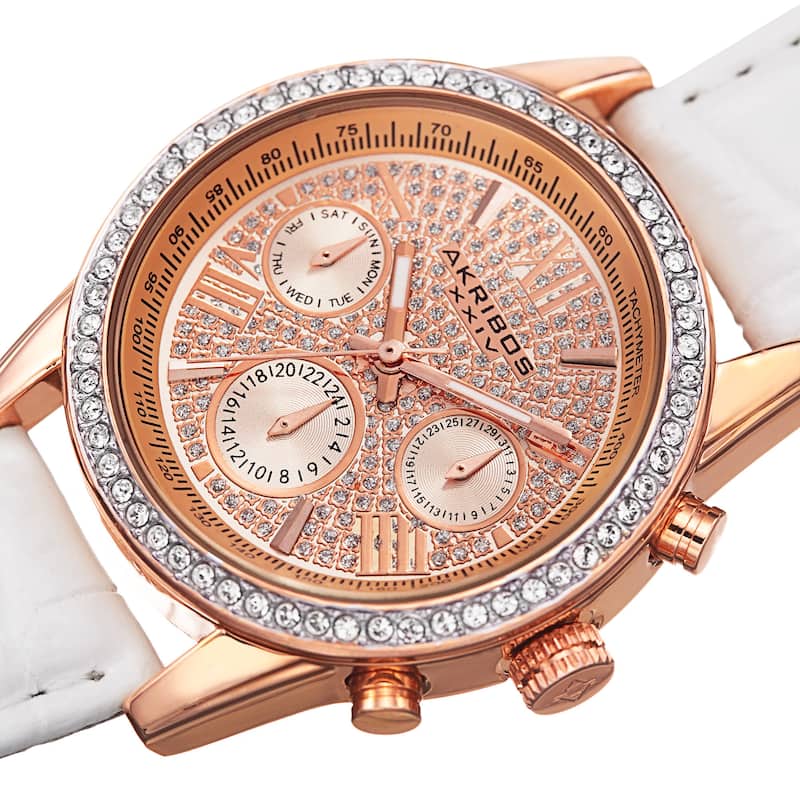 Akribos XXIV Women's Swiss Quartz Multifunction Leather White Strap Watch