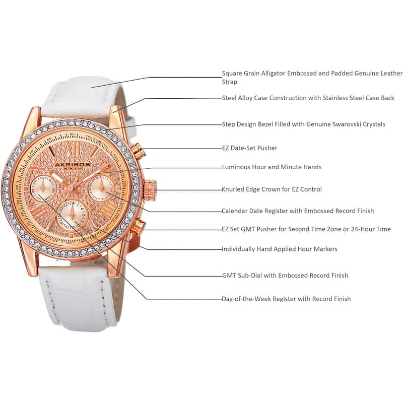 Akribos XXIV Women's Swiss Quartz Multifunction Leather White Strap Watch