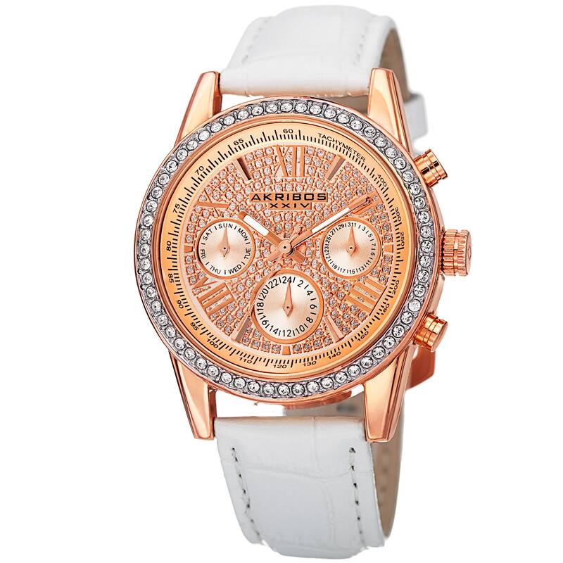 Akribos XXIV Women's Swiss Quartz Multifunction Leather White Strap Watch