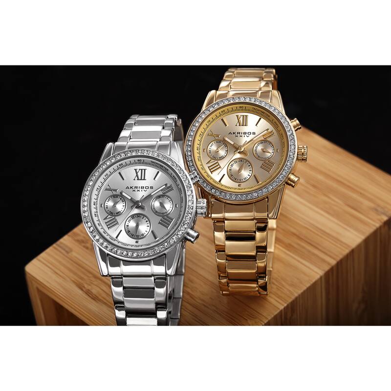 Akribos XXIV Ladies Swiss Quartz Swarovski Crystals Dual-Time Stainless Steel Gold-Tone Bracelet Wat - Gold