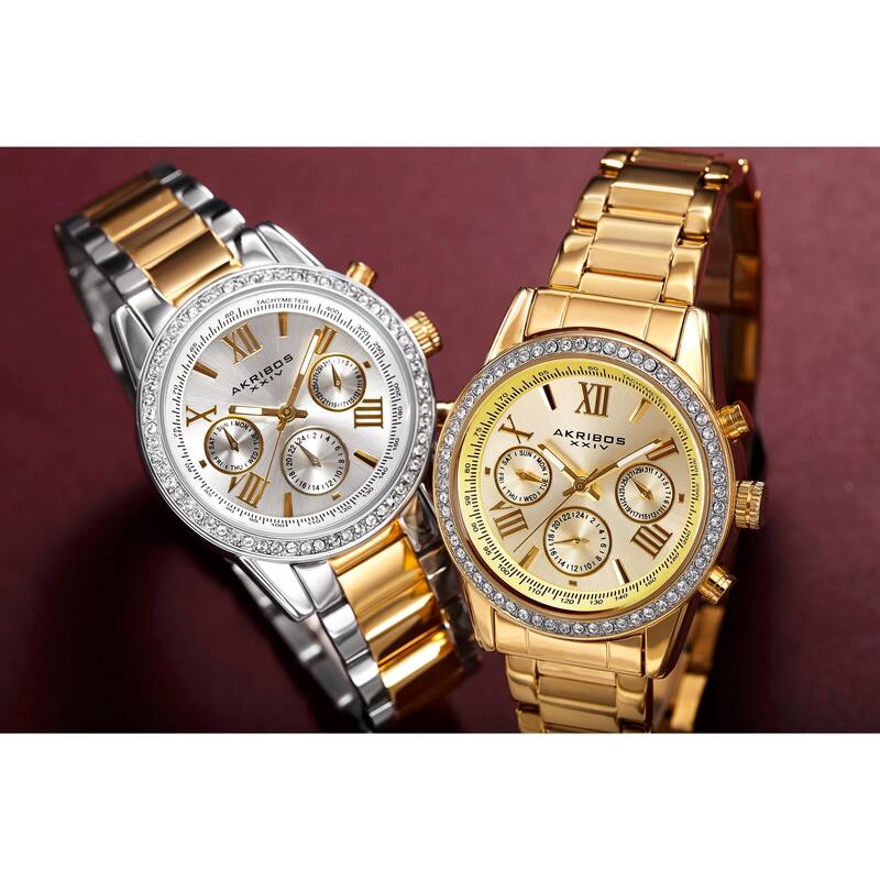 Akribos XXIV Ladies Swiss Quartz Swarovski Crystals Dual-Time Stainless Steel Gold-Tone Bracelet Wat - Gold