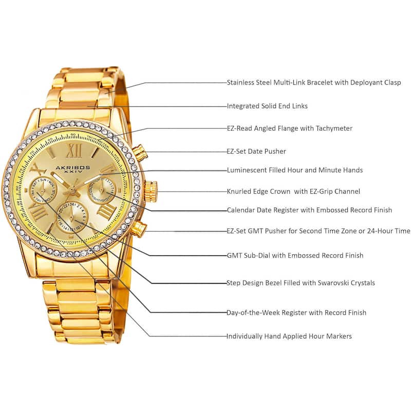 Akribos XXIV Ladies Swiss Quartz Swarovski Crystals Dual-Time Stainless Steel Gold-Tone Bracelet Wat - Gold