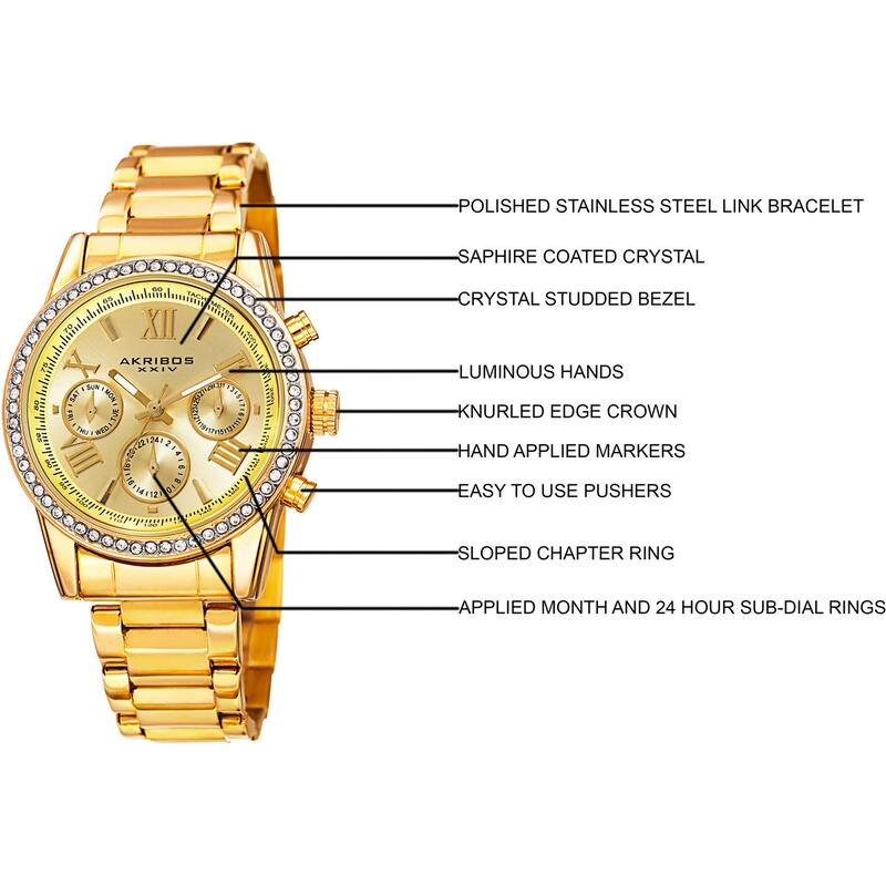 Akribos XXIV Ladies Swiss Quartz Swarovski Crystals Dual-Time Stainless Steel Gold-Tone Bracelet Wat - Gold