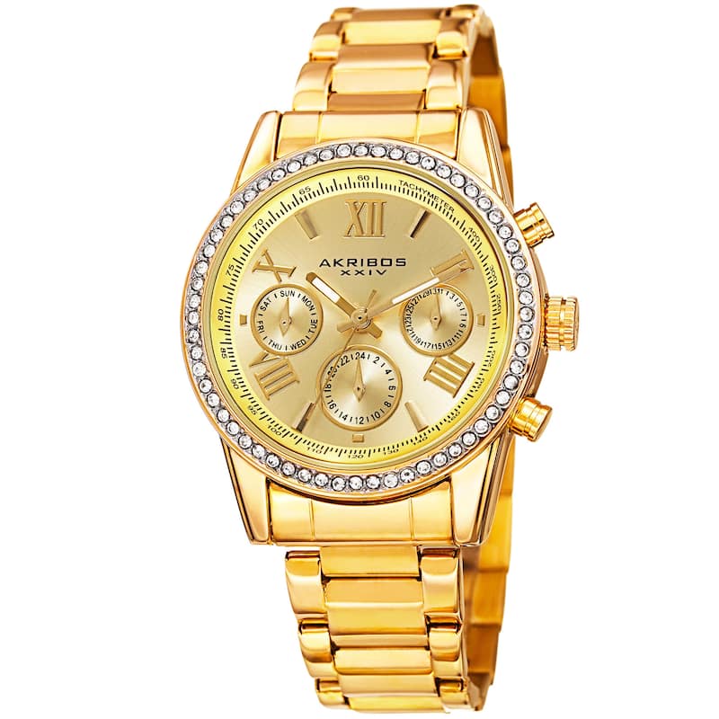 Akribos XXIV Ladies Swiss Quartz Swarovski Crystals Dual-Time Stainless Steel Gold-Tone Bracelet Wat - Gold