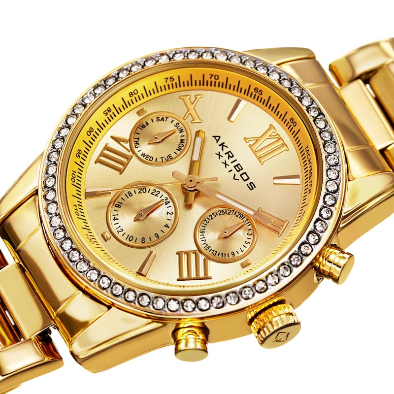 Akribos XXIV Ladies Swiss Quartz Swarovski Crystals Dual-Time Stainless Steel Gold-Tone Bracelet Wat - Gold