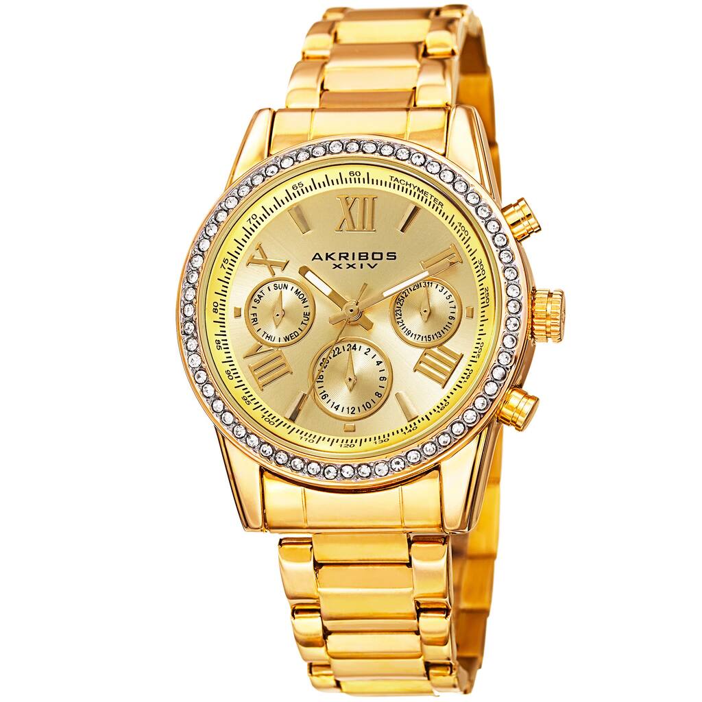 Akribos XXIV Ladies Swiss Quartz Swarovski Crystals Dual-Time Stainless Steel Gold-Tone Bracelet Wat - Gold