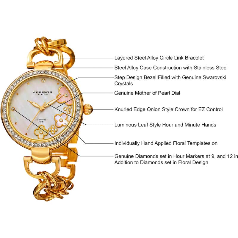 Akribos XXIV Women's Diamond Floral Dial Twist Chain Gold-Tone Bracelet Watch - Gold