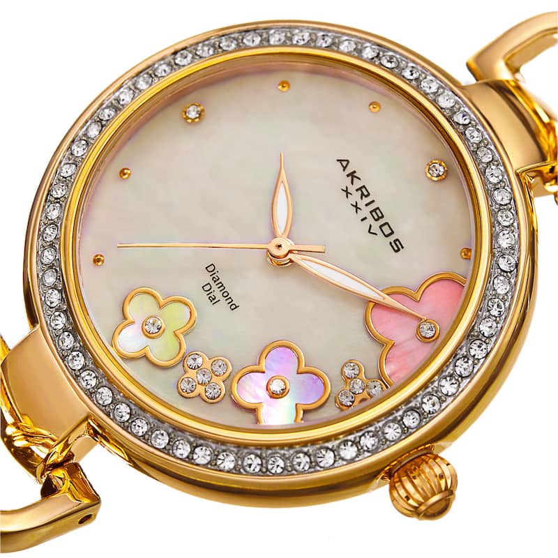 Akribos XXIV Women's Diamond Floral Dial Twist Chain Gold-Tone Bracelet Watch - Gold