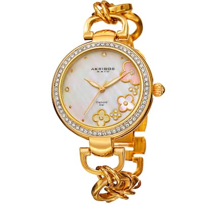 Akribos XXIV Women's Diamond Floral Dial Twist Chain Gold-Tone Bracelet Watch - Gold