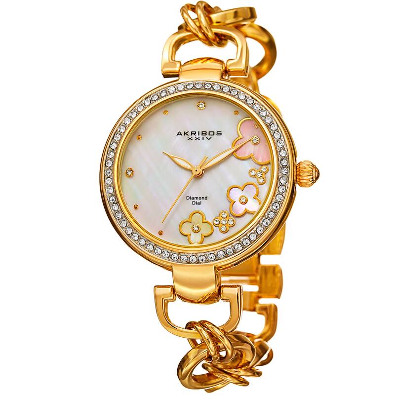 Akribos XXIV Women's Diamond Floral Dial Twist Chain Gold-Tone Bracelet Watch - Gold
