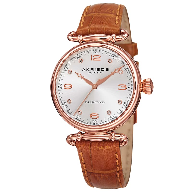 Akribos XXIV Women's Quartz Diamond Leather Brown Strap Watch