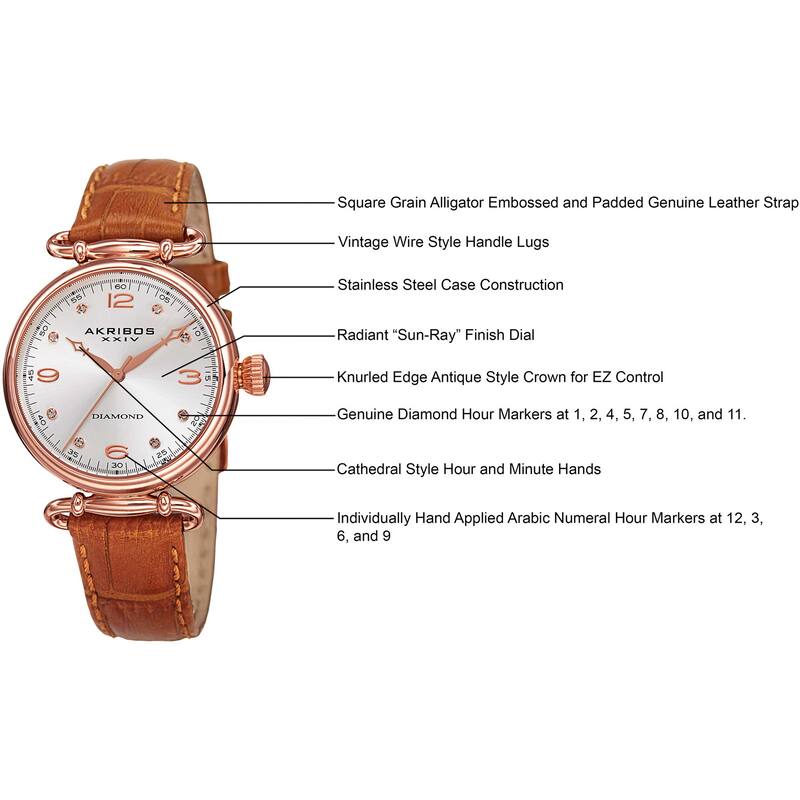 Akribos XXIV Women's Quartz Diamond Leather Brown Strap Watch