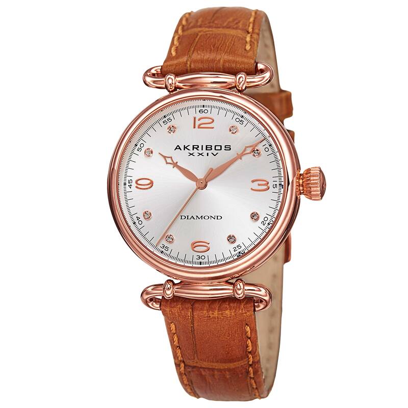 Akribos XXIV Women's Quartz Diamond Leather Brown Strap Watch
