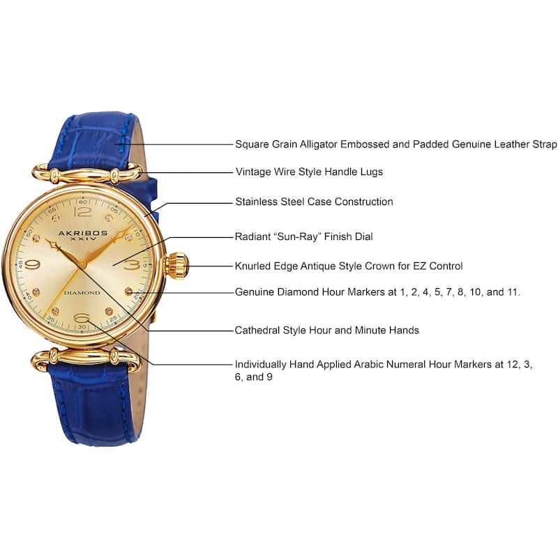 Akribos XXIV Women's Quartz Diamond Leather Blue Strap Watch