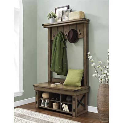 Ameriwood Home Wildwood Wood Veneer Entryway Hall Tree with Storage Bench