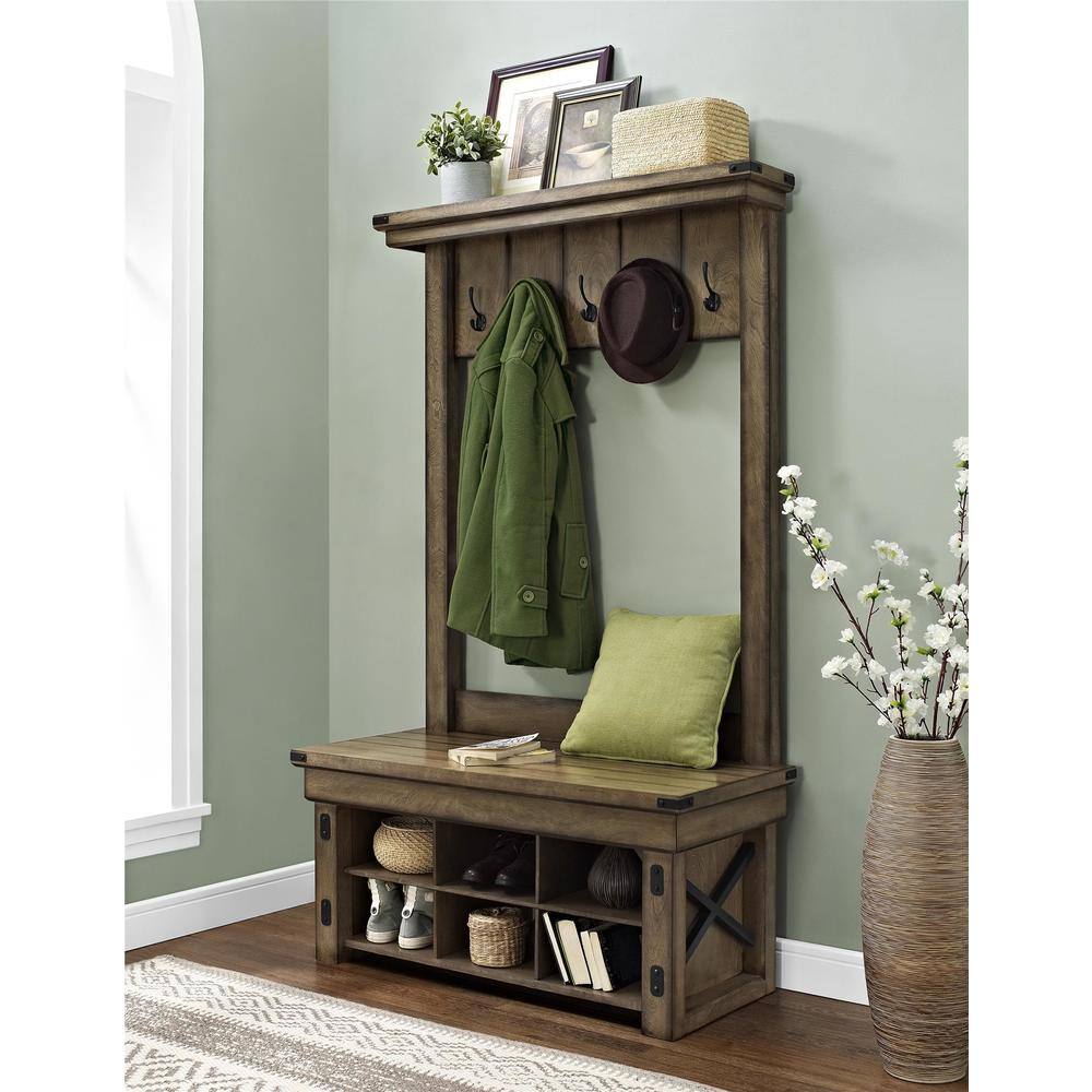 Ameriwood Home Wildwood Wood Veneer Entryway Hall Tree with Storage Bench