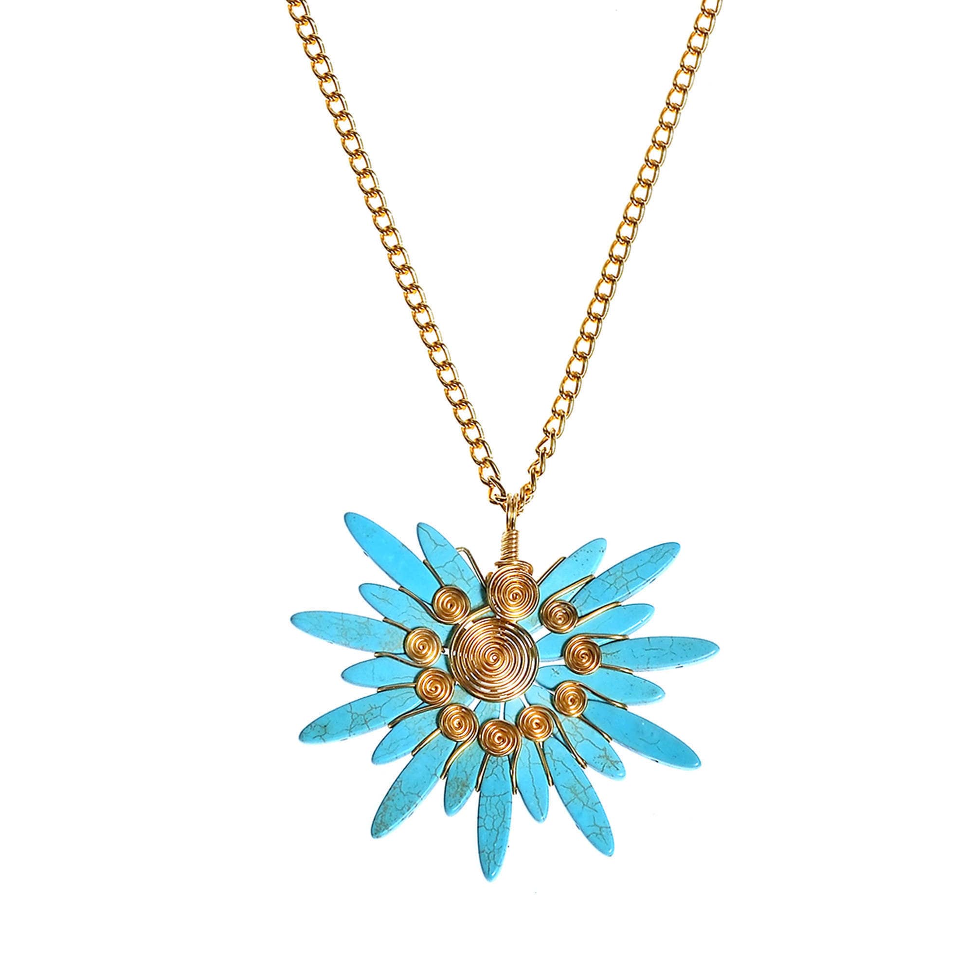 18/" CHAIN. NEW A TURQUOISE SUN THEMED NECKLACE AND LEVERBACK HOOK EARRING SET