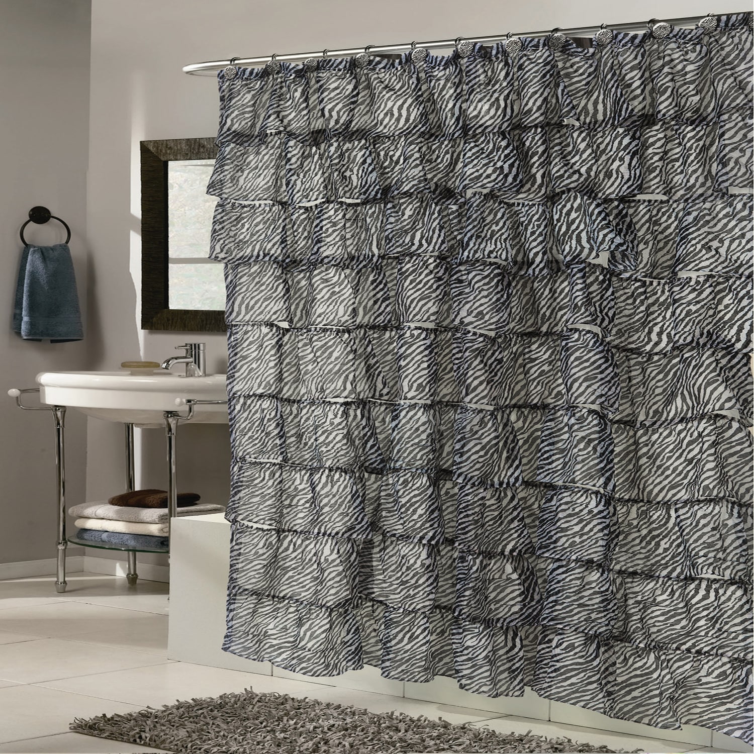 Elegant Zebra Pattern Crushed Voile Ruffled Tier Shower Curtain