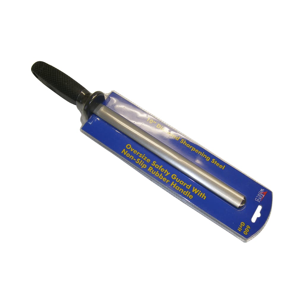 Edge World 10 Inch Oval Diamond Knife Cutlery Sharpening Steel Stick 600 grit oversize guard rubber grip - Silver