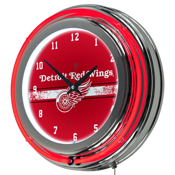 NHL Chrome Double Rung Neon Clock - Detroit Redwings
