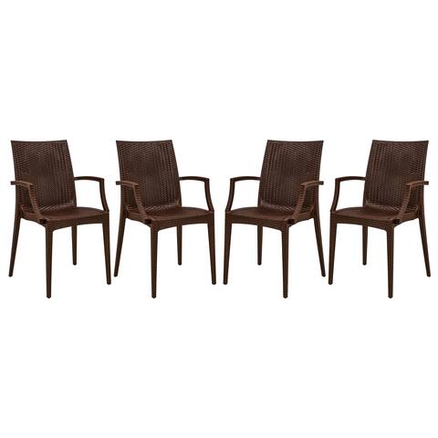 LeisureMod Weave Mace Indoor Outdoor Brown Dining Armchair Set of 4