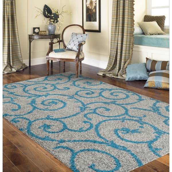 Soft Cozy Contemporary Scroll Turquoise Grey Indoor Shag Area Rug (5'3 ...