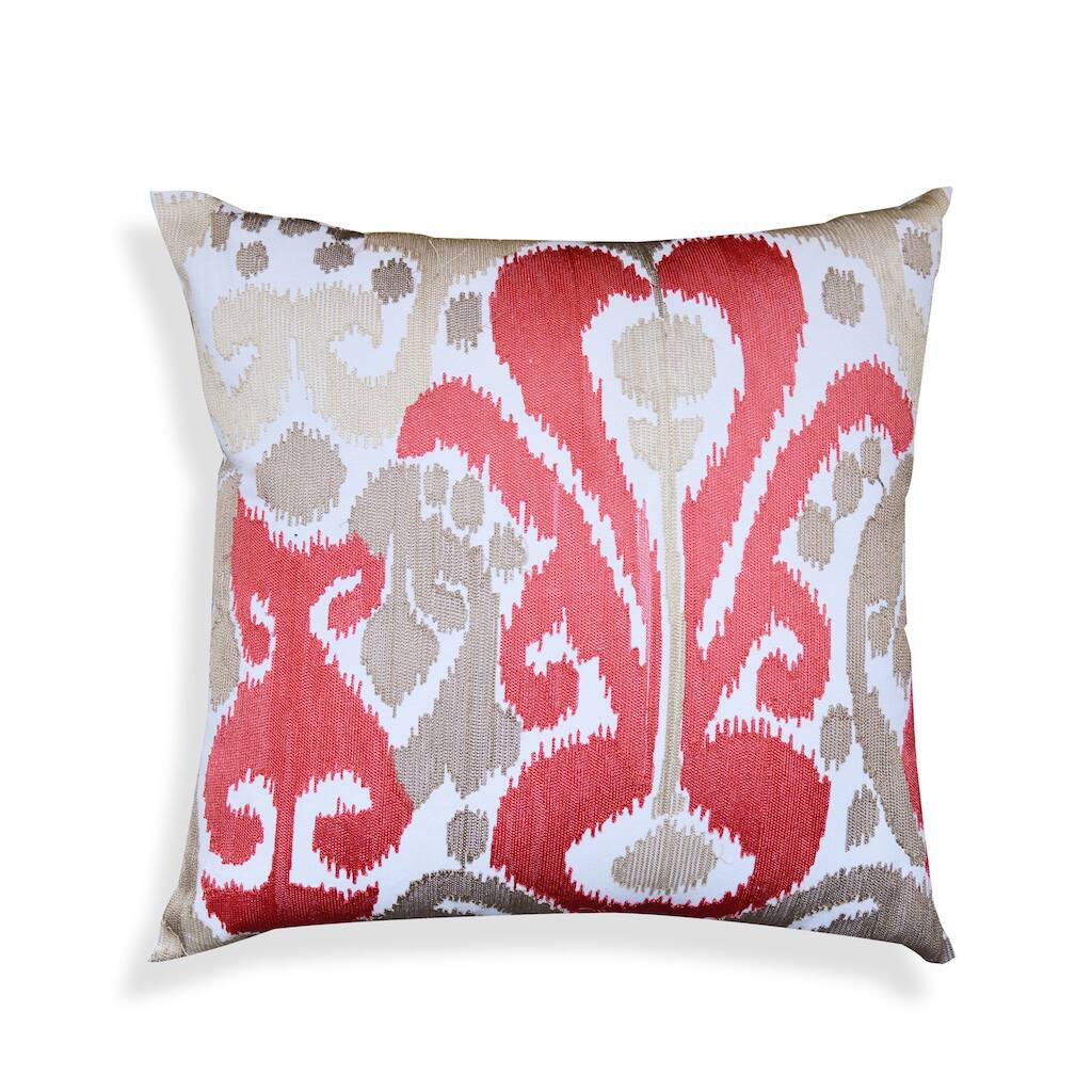 Crewel Embroidered Red Coral Ikat 20-inch Throw Pillow