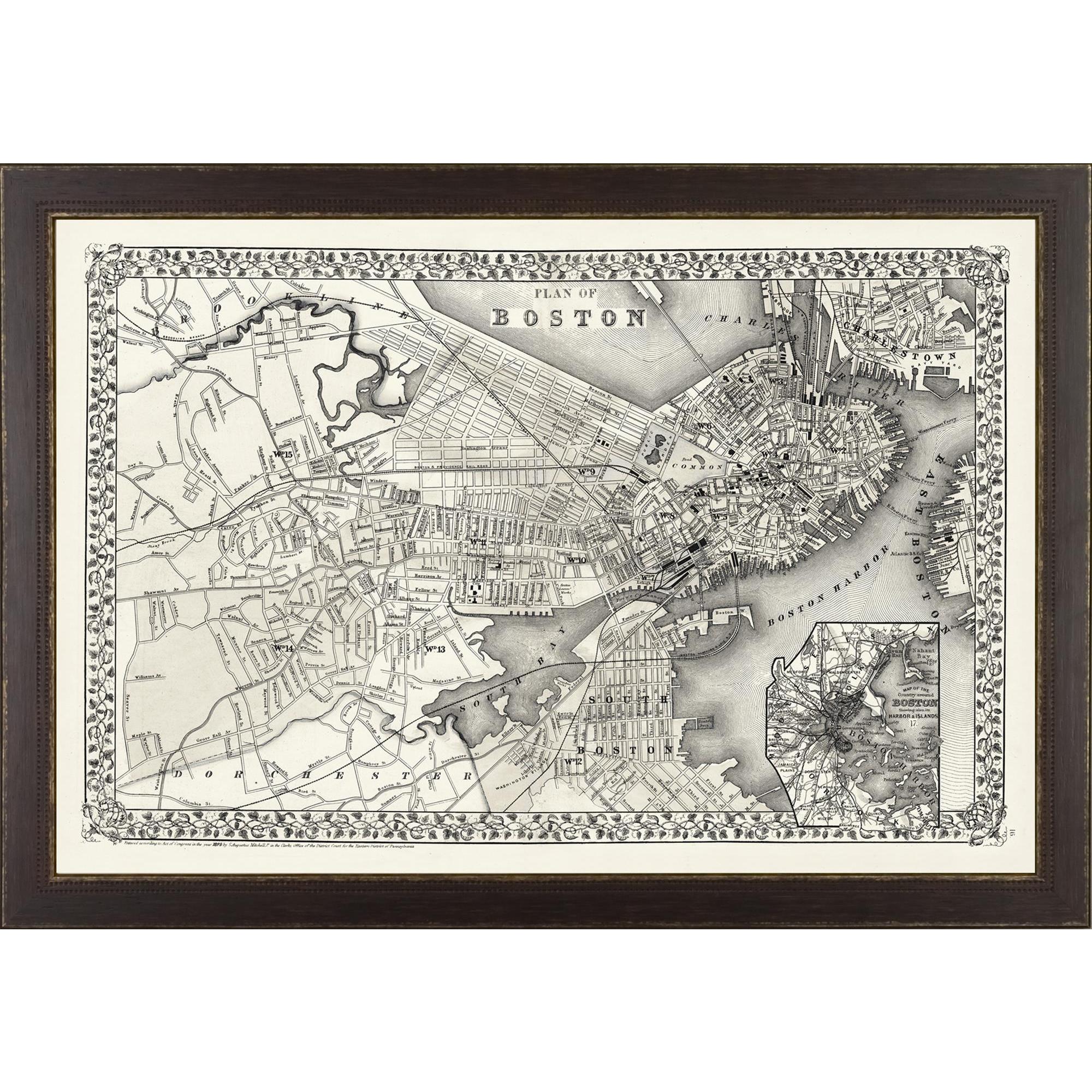 Framed City Map Prints Vintage Framed City Map Of Boston Art Print - Brown - Overstock - 10746834