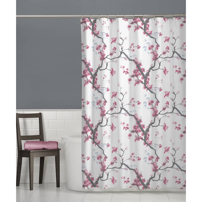 Maytex Cherrywod Fabric Shower Curtain - White/Pink - Nature/Floral