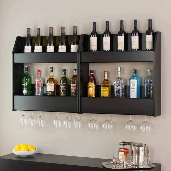 Black 2 Shelf Composite Wood Floating Wine Liquor Rack Wall