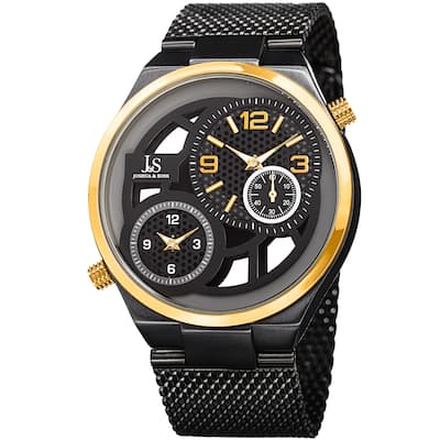 Joshua & Sons Men's Multifunction Stainless Steel Mesh Quartz Black Bracelet Watch - Gold