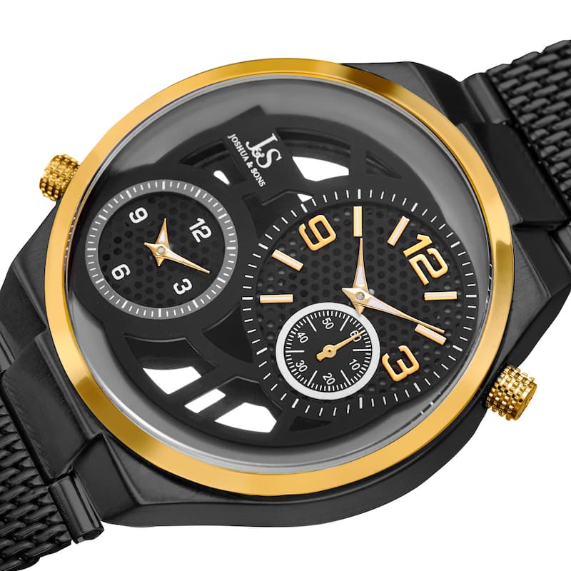 Joshua & Sons Men's Multifunction Stainless Steel Mesh Quartz Black Bracelet Watch - Gold