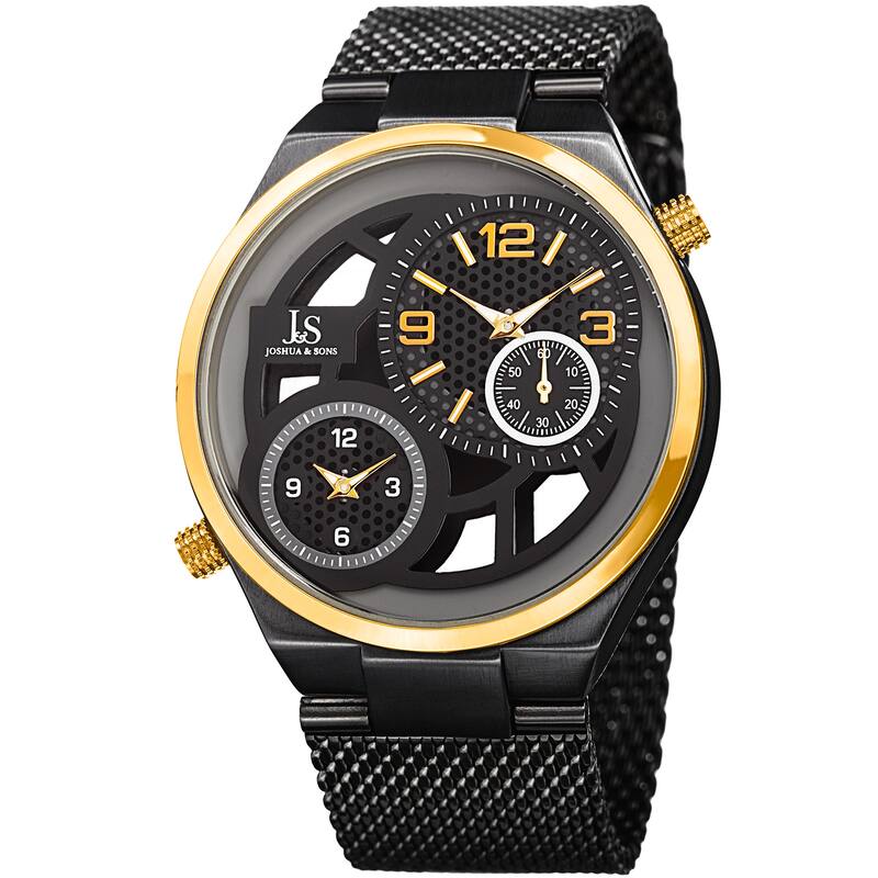 Joshua & Sons Men's Multifunction Stainless Steel Mesh Quartz Black Bracelet Watch - Gold