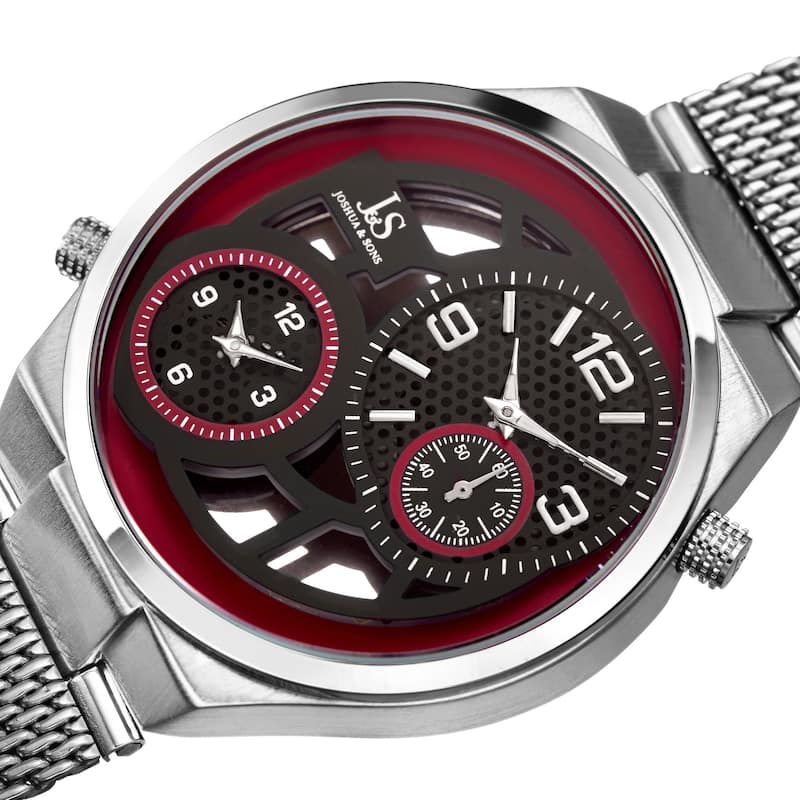 Joshua & Sons Men's Multifunction Stainless Steel Mesh Quartz Red Bracelet Watch