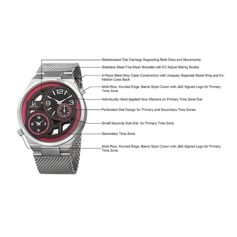 Joshua & Sons Men's Multifunction Stainless Steel Mesh Quartz Red Bracelet Watch