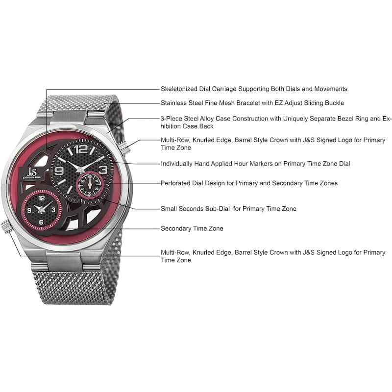 Joshua & Sons Men's Multifunction Stainless Steel Mesh Quartz Red Bracelet Watch